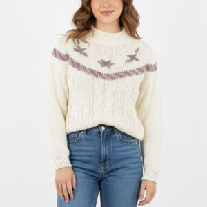 Margules Ivory Cable Knit Floral Embroidered VTG 80s Mockneck Sweater Size S